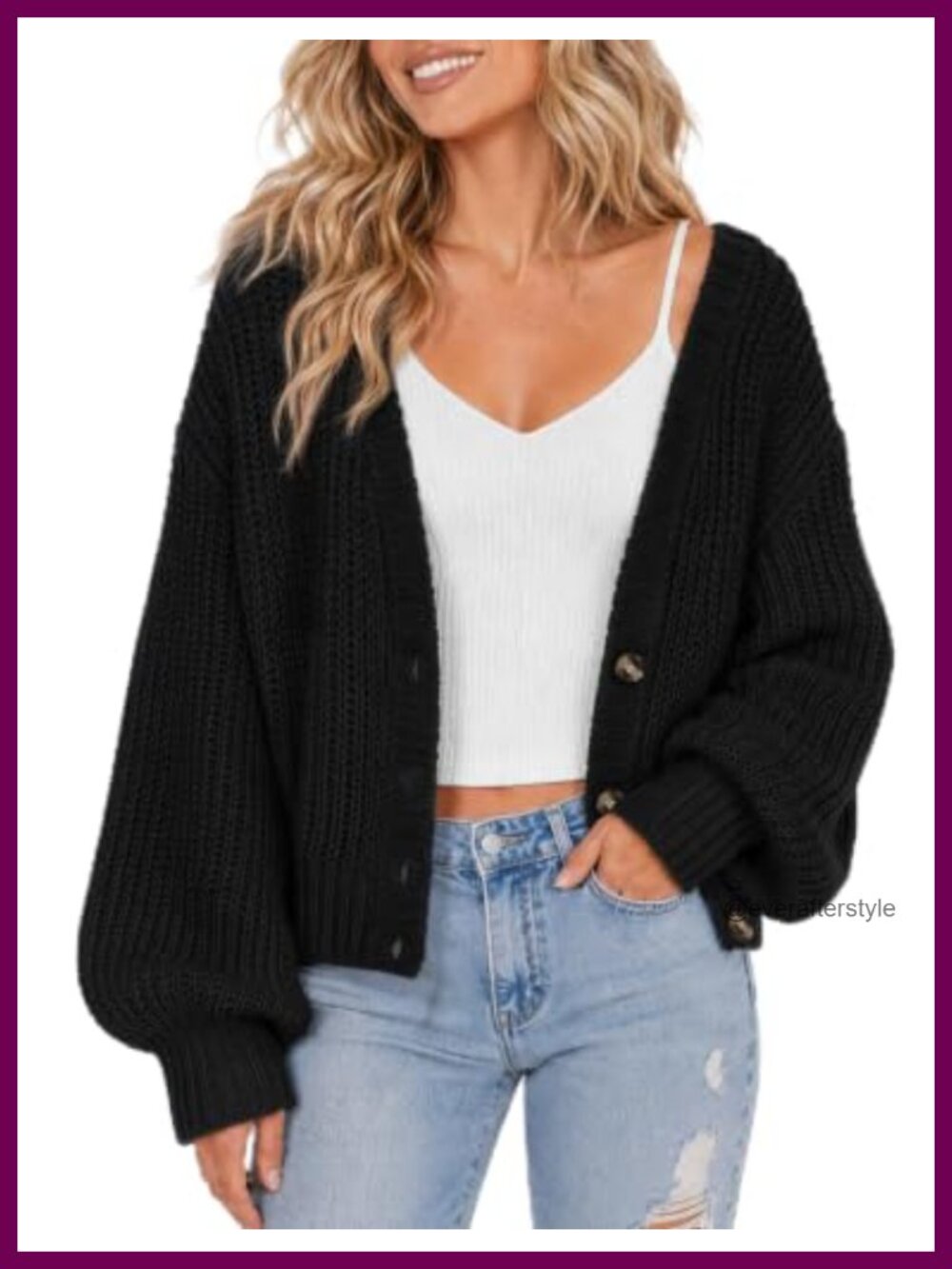 Chunky Knit Cardigan Lantern Sleeve V-Neck Button Front Cropped Sweater